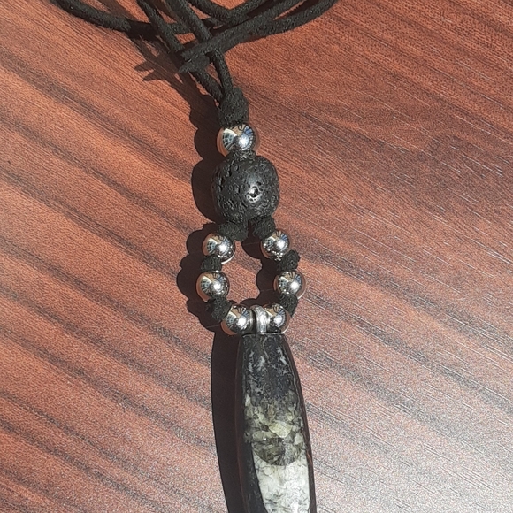 Beautiful Orthoceras Fossil/Genuine Black Leather Cord/ Lava Stone Necklace - Picture 3 of 8